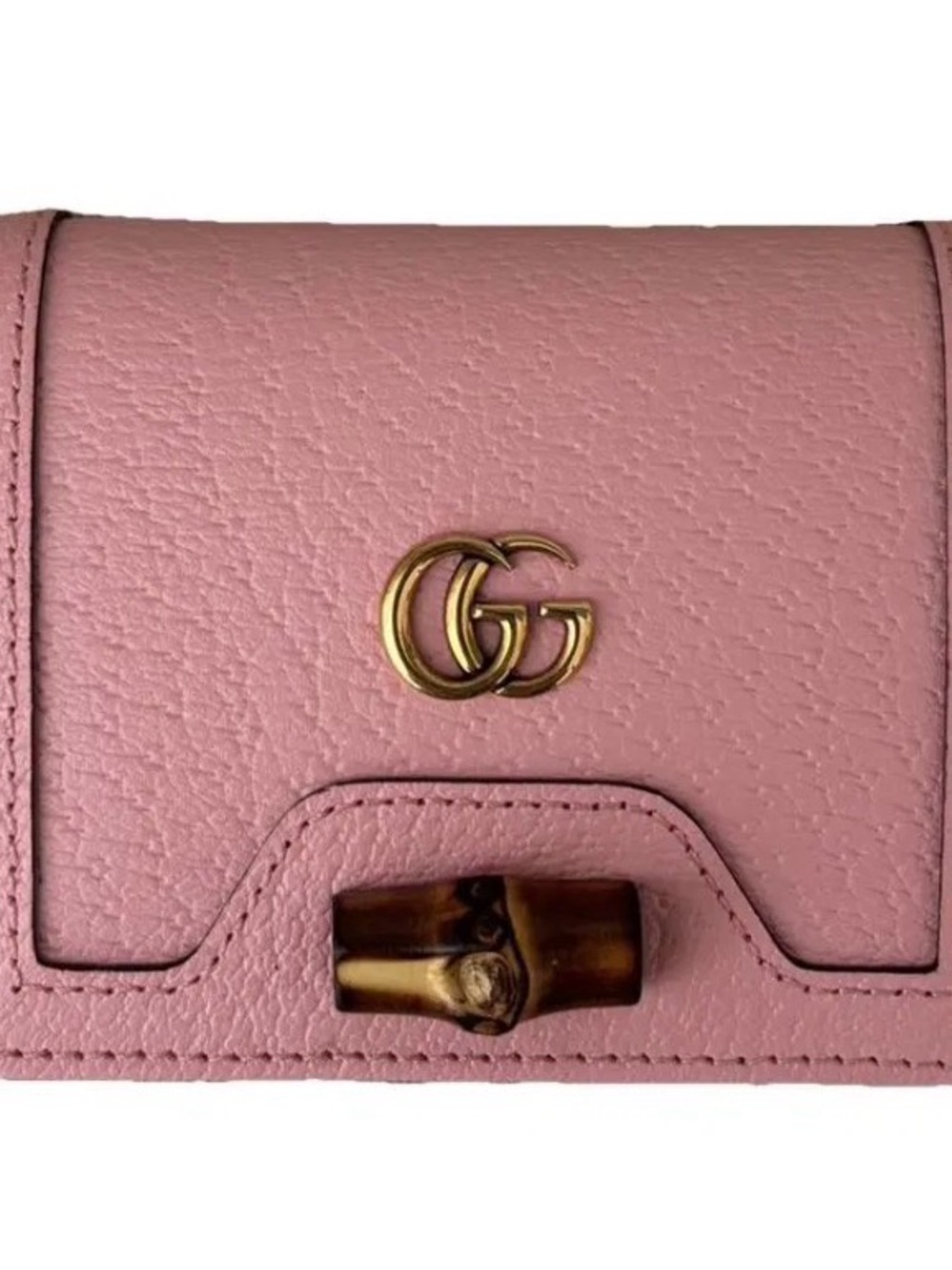 Gucci Diana Wonka Pink Pebbled Leather Mini Wallet with Gold GG and Bamboo Clasp